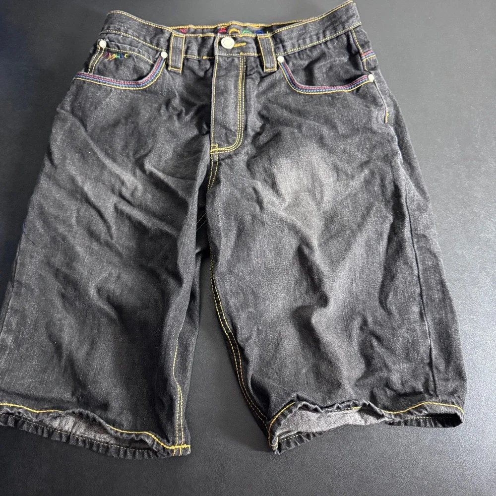 Coogi Denim Shorts Boys 18 Black Rainbow Embroidery Vintage Hip Hop‎ Streetwear